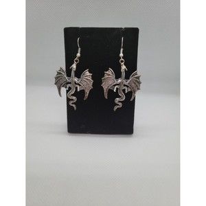 Gothic Dragon Dangle Earrings Silver tone Pewter Mystical fashion costume